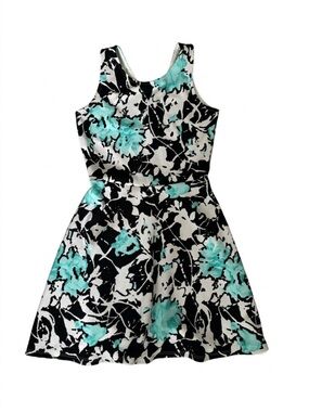 NWOT Floral Print Black White Teal Mini Dress Flare Bottom Cutout Back Sz Med